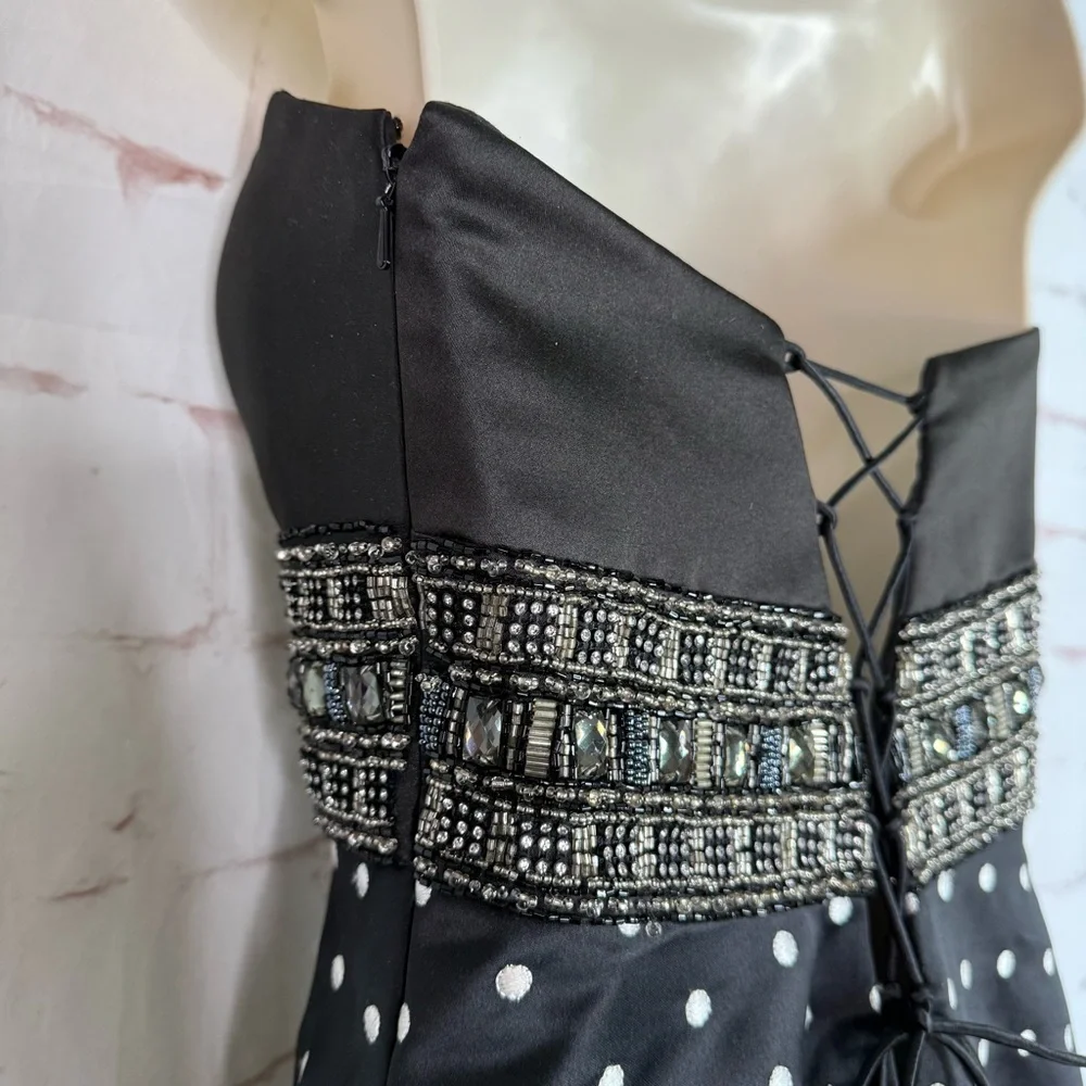 Jeweled Strapless Lace-Up Back Black and White Polka Dot Maxi Dress Size Small - Picture 15 of 16